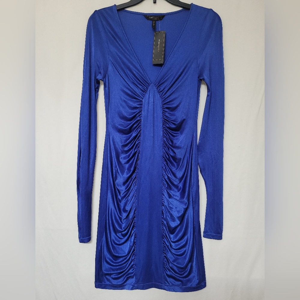 BCBGMAXAZRIA Women's Blue Saphire Ruched Bodycon Dress V-neck Size XS